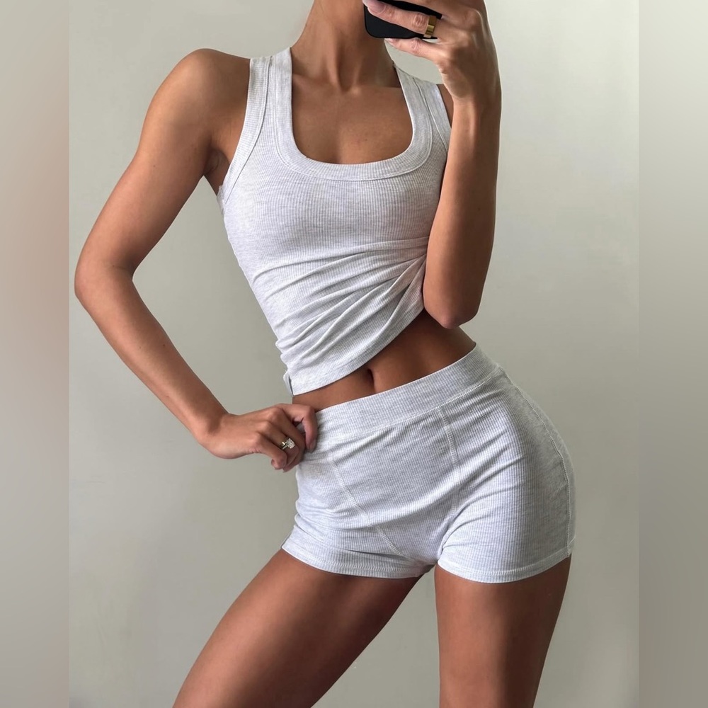 NIB Chic Me Classic Micro-Ribbed Tank & Boxer Set Light Heather Gray Size XL